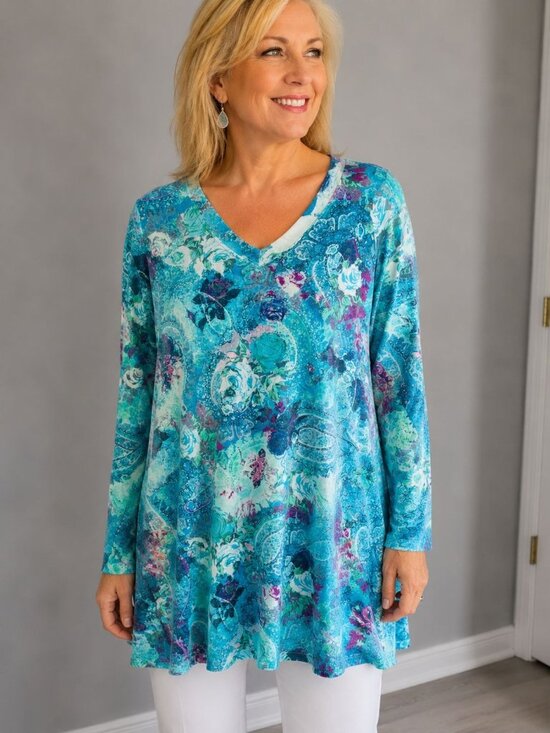 Soft Surroundings Tops - Soft Surroundings tunic top featuring a blue floral paisley print and a V-neck